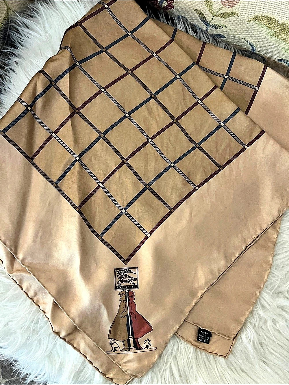 Burberry Silk Plaid Scarf in Beige & Burgundy